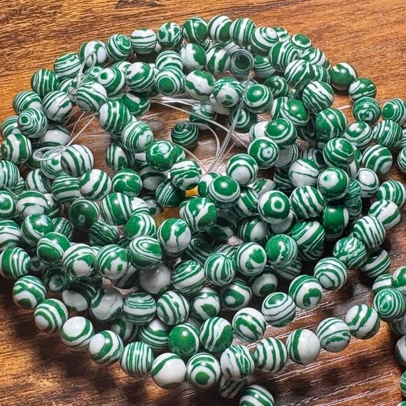 8mm Synthetic Malachite Bead Strand - Green & White - Picture 1 of 2